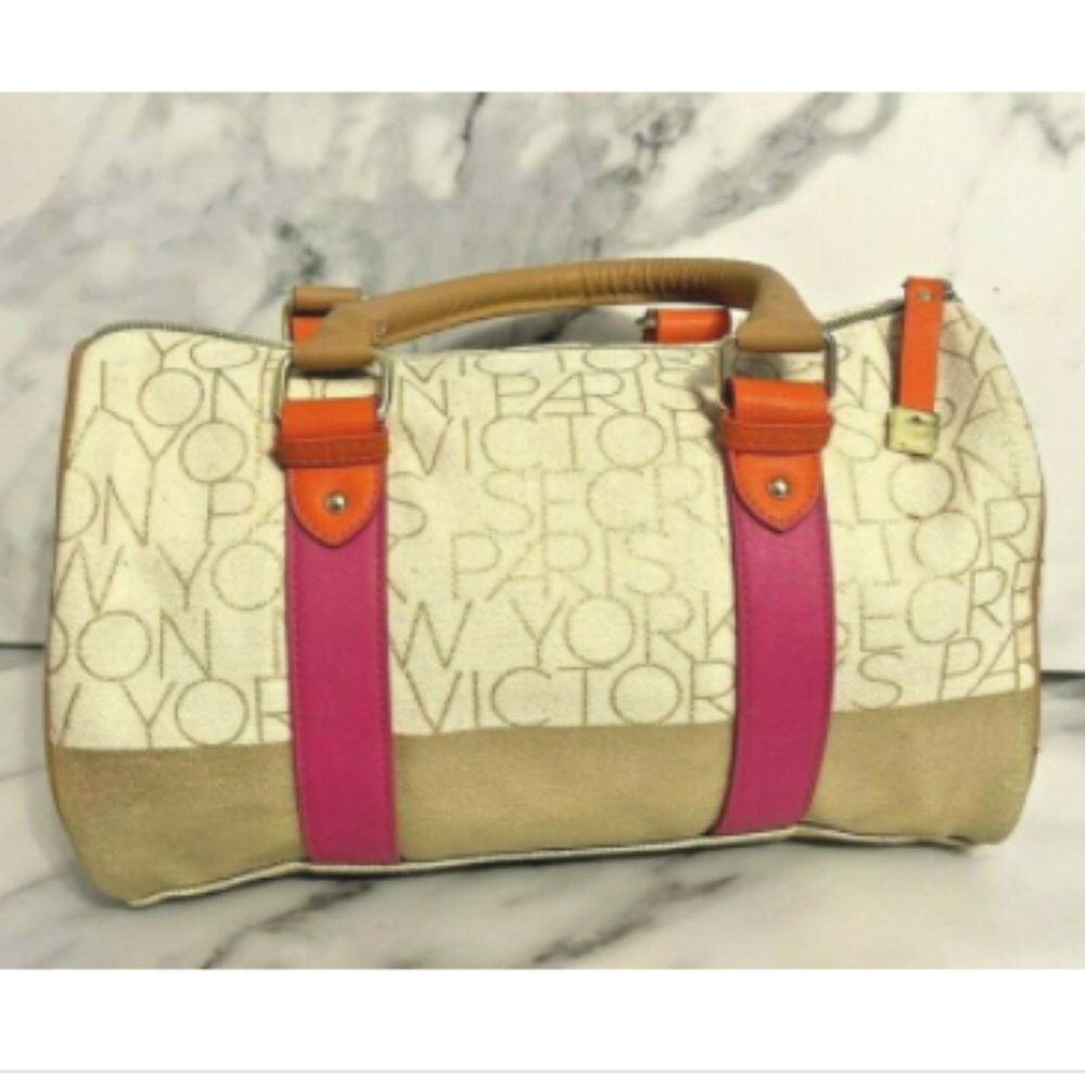 Victoria Secret Signature NY & Paris Multicolor Double Handle Canvas Satchel - Picture 2 of 10